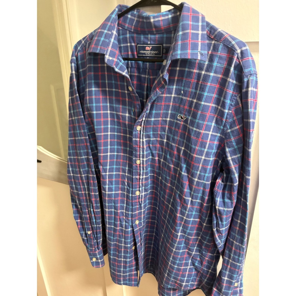 Vineyard Vines Mens Blue Plaid Whale Shirt Long Sleeve Button Down Cotton Large